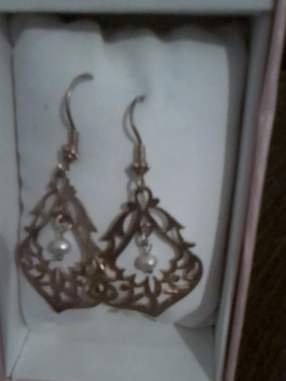 Vintage Costume Delicate Rose Gold Filigree Drop Earrings with Pearls